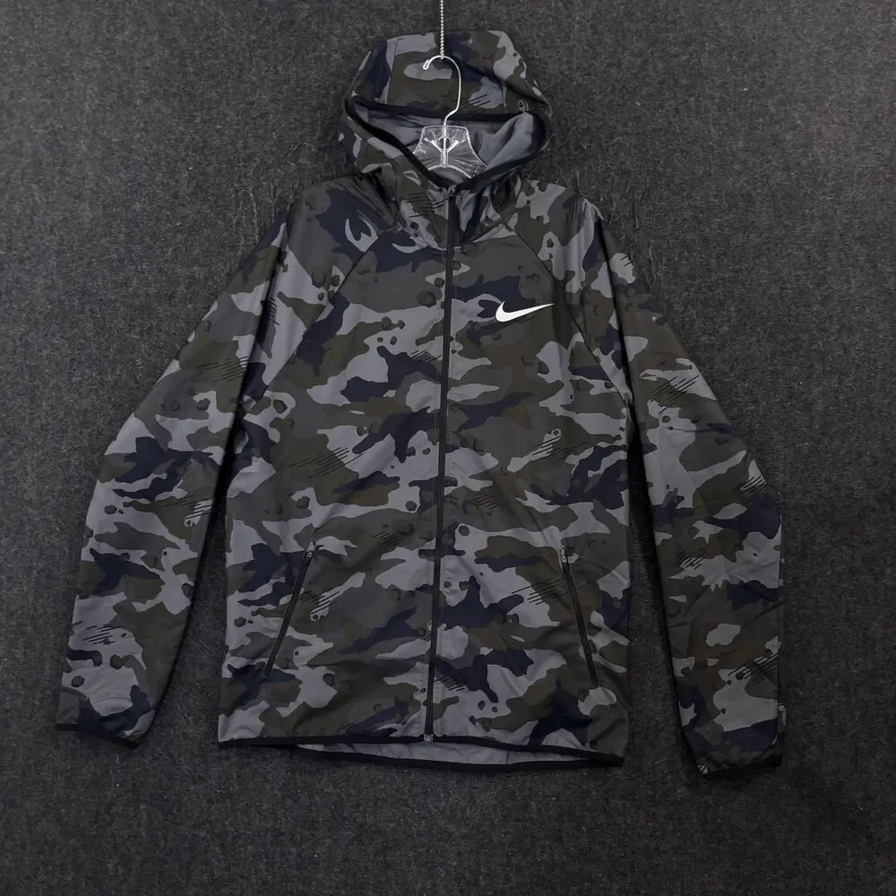 Nike Windbreaker Jacket Men's Medium Green Gray Camo Hooded Full Zip Dri-Fit